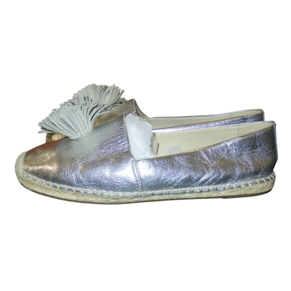 Michael Kors Lolita Silver Metallic Leather Pom Pom Espadrilles size 9.5 Slip On - Picture 1 of 10
